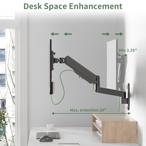 UPGRAVITY Computer Monitor Wall Mount w/VESA Extension Kit for 13-34 inch Flat/Curved Screen, Gas Spring Height Adjustable Wall Mount Monitor Arm Holds up to 26.5lbs, Max 200x200mm