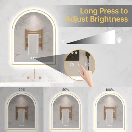 Image of Arched LED Mirror for Bathroom 24 inchx30 inch, Brushed Gold Lighted Bathroom Mirror with Lights, Fogless, Dimmable, Shatterproof, Touch Sensor, 3 Color Changing