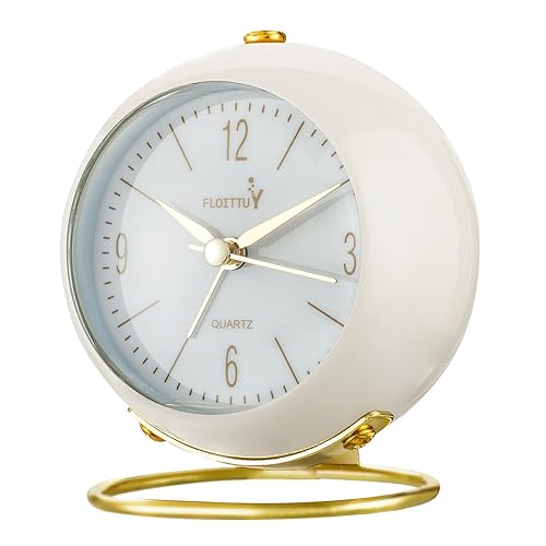 Image of kadio Metal Silent Table Analog Alarm Clock No Ticking, Lighted On Demand and Battery Operated, Beep Sounds, Small Desk Clock(White), 8.5 Centimeters, 8.5 CM