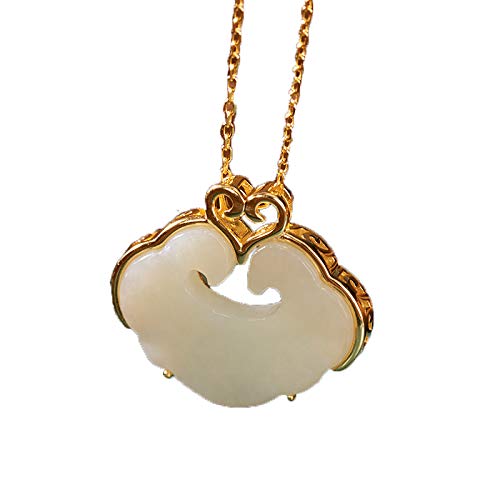 Pendentif en Argent 925 et Jade Hotan Blanc Ruyi de Haute Joaillerie Finement Plaqué Or