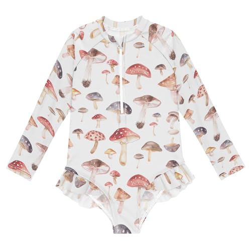 CaTaKu Girls One Piece Swimsuit Mushroom Cute Toddler Bathing Suit Long Sleeve UPF 50+ Rash Guard Swimwear 3-12Y