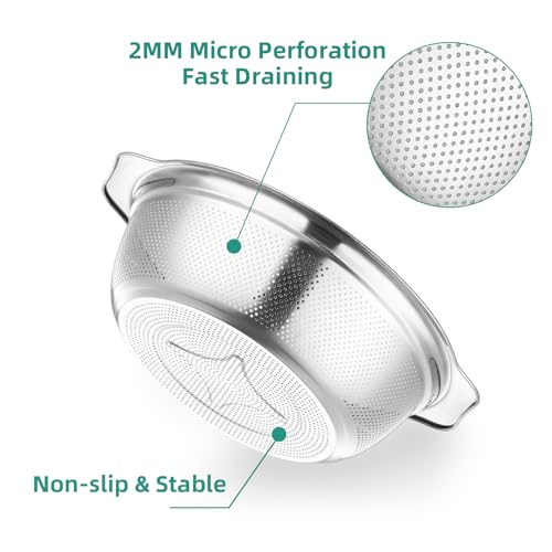 Colander for Kitchen Microporous, 5QT Strainer with Mixing Bowl Large Capacity, Stainless Steel Colander with Handle for Washing Vegetables, Fruit, Rice and Draining Cooked Pasta(2PC) by AHIABOAT - Used condition - Image 4