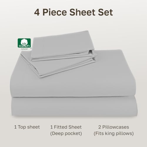 Image of California Design Den King Size Sheets Set - Natural 100% Cotton Sheets King Size with Deep Pockets, Soft Sateen Weave, Breathable and Durable Bedding Set (Light Grey)