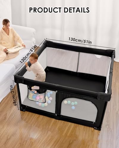 Image of Veraste Foldable Baby Playpen, 51 inchx51 inch Indoor & Outdoor Play Yard with Single-Joint Frame, Breathable Mesh, Non-Slip Base, Portable Playpen for Toddlers and Infants (Black)