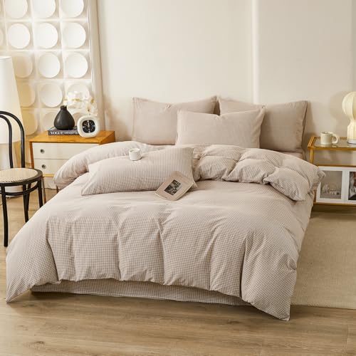 Image of VM VOUGEMARKET Tan Paid Duvet Cover Queen 100% Washed Cotton Like Linen Bedding Set Soft Breathable 3 Piece Mini Gingham Checkered Comforter Cover Set (Queen 90 inchx90 inch, Comforter Not Included)