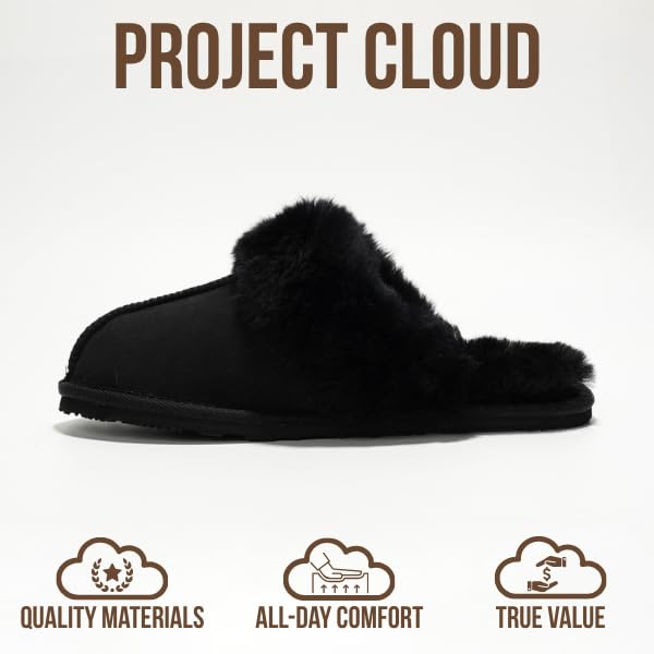 Image of Project Cloud Genuine Leather Slippers for Women with Genuine Fur Lining, Non-Slip Indoor /Outdoor Clog Mule Slippers, Memory Foam Insole