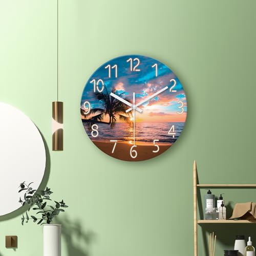 Image of XFM Blue Beach Wall Clocks Battery Operated 20 Inch Palm Tree | Sunset Coastal Modern Glass Decorative for Living Room Bedroom Kitchen Office Silent Non Ticking