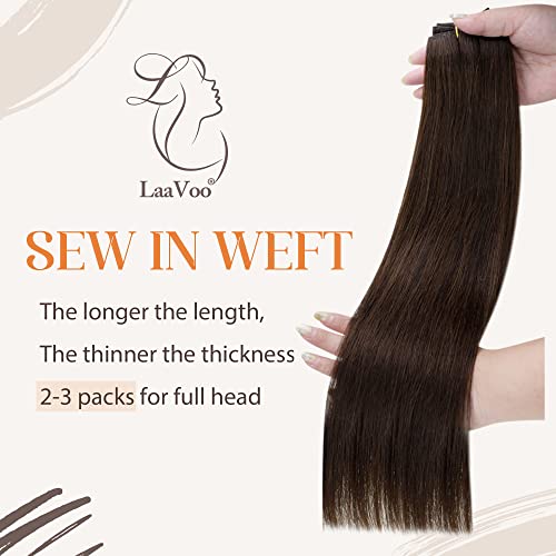 LaaVoo Weft Hair Extensions Real Human Hair Brown Sew in Hair Extensions 80g 12 Inch Full Head Straight Remy Darkest Brown Invisible Double Weft Weave #2 - Image 2