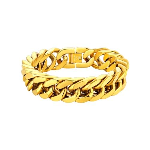 ChainsHouse Stainless Steel Cuban Link Bracelet, 8mm/12mm/17mm Width, 7.5"/8.3"/9", 18K Gold Plated Chain Wrist Bracelets for Men Women, Send Gift Box I: Gold-17mm width 8.3 Inches