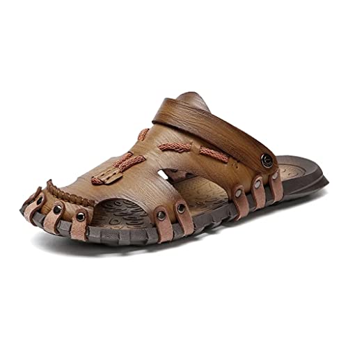 Men Leather Sandals Baotou Slippers Genuine Leather Casual Sandals Non Slip Outdoor Beach Vacation Sandals(45)