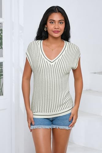 Image of SAUKOLE Women's Sweater Vest Casual V Neck Cap Sleeve Knit Pullover Tops | 2026 Spring Clothes, Soft Knit Shirts, Short Sleeves T-shirts, Tunic Blouses, Sweater Tank Tops