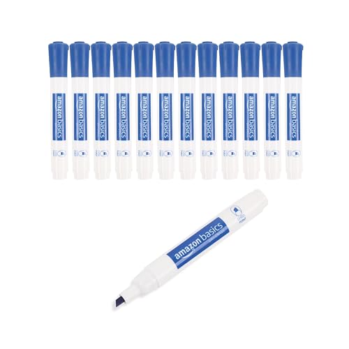 Image of Amazon Basics Dry Erase Whiteboard Markers, Chisel Tip, Low-Odor, Blue, 12-Pack, For Drawing, Sketching and Writing