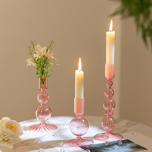 Kerzenständer Glas Bunt Stabkerzen Kerzenhalter: Hewory Kerzenständer Stabkerzen Rosa Gläser Deko Tischdeko Esstisch, Pink Stabkerzenhalter Glas für Wohnzimmer Hochzeit Party - 3er Set