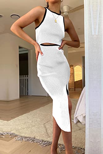 Image of PRETTYGARDEN Women's Summer Midi Bodycon Dresses Casual Crew Neck Side Slit Sleeveless Knit Cut Out Tank Top Dress