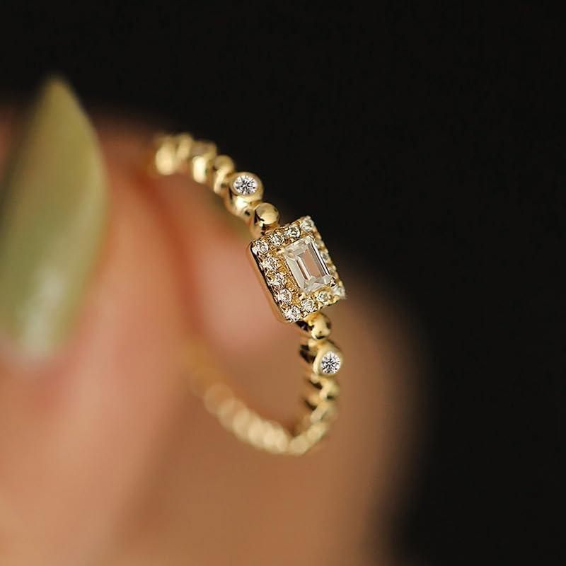 Fashion 14K Gold Plated Square Cubic Zircon Engagement Ring for Women Her Wedding Women's Thin Band CZ Promise Stackable Half Eternity Everyday Ring Ideal Gift for Women Comfort Fit (Size 8) - Image 2