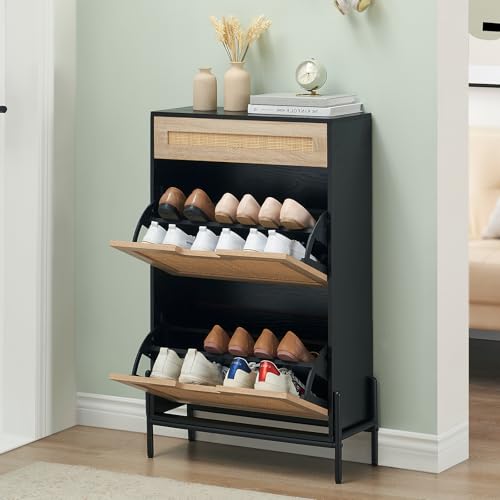 GAOMON Natural Rattan 2 Flip Down with 1 Drawer Free-Standing Shoe Rack, Shoe Cabinet Wood Organizer Freestanding with 3-Tier Adjustable Shelves for Entryway Hallway Doorway, Black