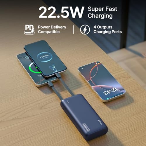 Image of pTron 20000mAh Powerbank w / 22.5W Fast Charging, USB & Type C Output, Built-in Cables, Compatible w /Power Delivery, Quick Charge for iPhone, Android Mobile & Tablets, Dynamo Storm (Indigo Blue)