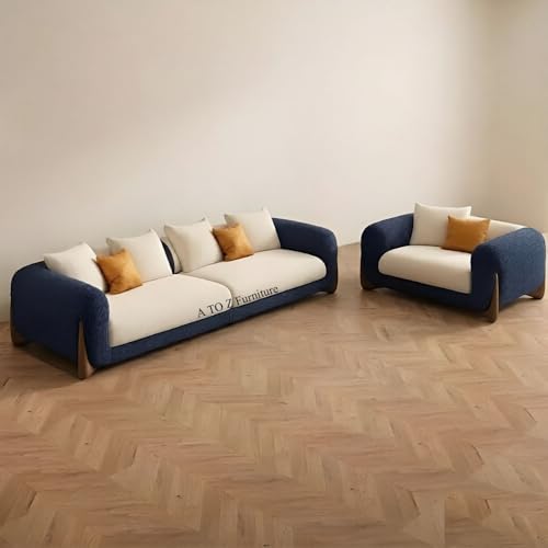Image of A to Z Furniture Classic Chesterfield Sofa Set Luxury Chesterfield Sofa in for Home Living Room & Office (3+1=4 Seater Sofa with Ottoman Blue & Beige)