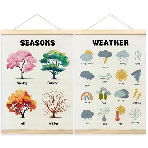 TLESKE 4 Seasons Weather Chart Poster Hanger Frame for Toddler Kid Classroom Set of 2, Homeschool Hanging Wall Art Decor for Nursery Playroom, Preschool Prek Learning Educational Poster, 12x16