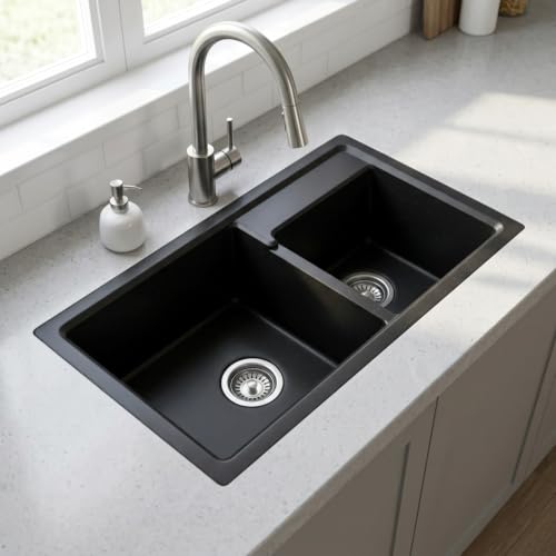 Image of GLOXY Premium Quartz Granite Double Bowl Kitchen Sink 31x18x9 Inches - Heavy Duty Black Matte Finish Double Bowl Quartz Sink with Drainer Basket Coupling Hose Pipe - Undermount & Topmount Kitchen Sink