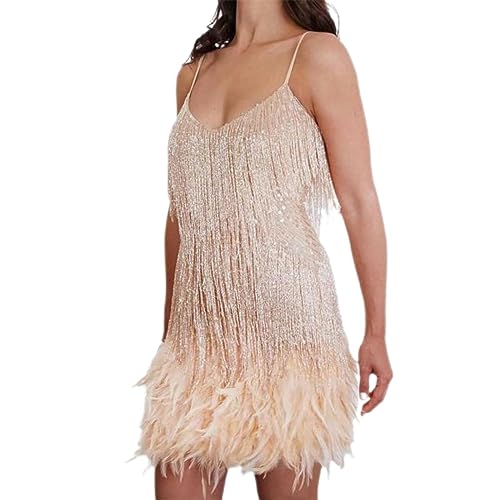 AYAZER Sexy Borla Lentejuelas Pluma Mini Vestido Mujer Spaghetti Strap Panel Vestido Mujer Elegante Noche Club Vestido-Dorado-M