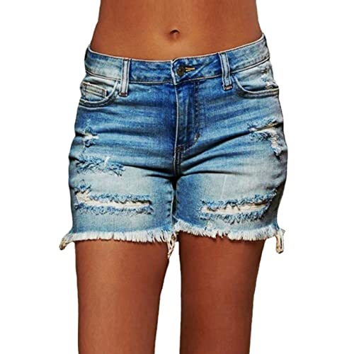 Women Casual Stretchy Denim Shorts High Waisted Ripped Jeans Shorts Distressed Hem Frayed Denim Hot Short (Small,Blue)