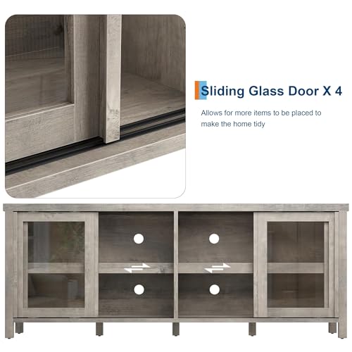 Image of 65 Inch TV Stand for Televisions Up to 70 Inches, Modern Entertainment Center with Storage, 4 Sliding Glass Doors, Mid-Century Style Media Console for Living Room,Gray