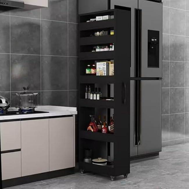 Wood Spice Rack, 7-Tier Rolling Cart for Kitchen Storage, Slim Narrow Pantry Cabinet with Wheels, Next to Fridge Design-oBjeE3Vj