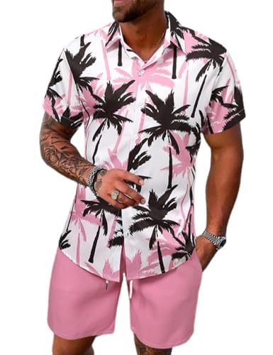 Image of Yimoon Men's Summer 2 Piece Outfits Tropical Print Short Sleeve Button Down Hawaiian Beach Shirt and Shorts Set