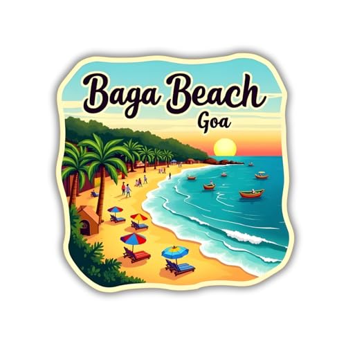 Image of Naxon Baga Beach Goa Theme Souvenir Wooden Refrigerator Stylish Fridge Magnet - Travel Collectible Gift | Fridge Decoration Magnet for Kitchen & Home Decor | Size 3x3 Inches | Pack of 1