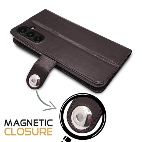 Image of Pikkme Samsung Galaxy A35 5G Flip Cover Leather Finish | Inside TPU with Card Pockets | Wallet Stand and Shock Proof | Complete Protection Button Flip Case (Coffee)