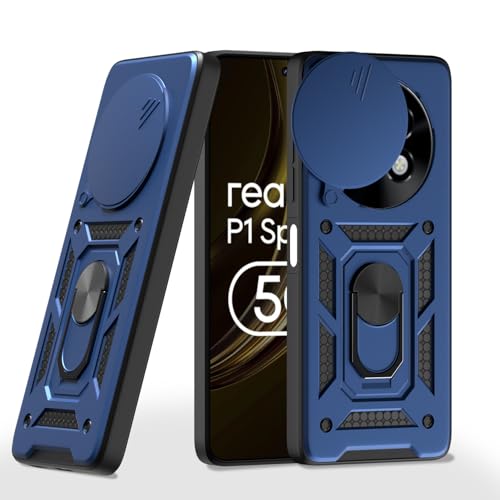 Image of Pikkme Back Cover for Realme 13 Plus 5G / Realme P1 Speed 5G | Sliding Camera Shield with Ring Stand | D10 Full Camera Protection Bumper Case (Blue)