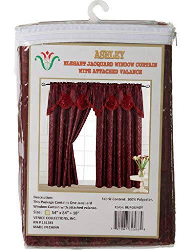 V Luxury Jacquard Curtain Panel With Attached Waterfall Valance, 54 By 84-Inch Ashley Burgundy #TOP2