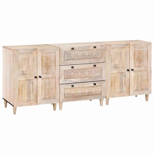 LoogCape Juego de 3 aparadores de madera maciza de mango blanco, 180 x 33,5 x 75 cm, con cajones, estantes y puertas, para salón, comedor, almacenamiento y orden
