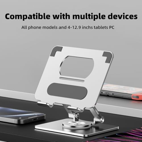 Image of iPad Holder Stand, Tablet Holder with Thickened 360 Rotating Base Dual Rod Adjustable Aluminum Stand for All 4-12.9'' iPad Surface Samsung Phone Tablet Kindle E-Reader and More, Silver