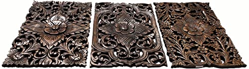 Set Of 3. Wall Art Wood Carved Panel Floral Design. Tropical Wall Decor In Size 12"X17.5"X0.5" (Dark Brown) #TOP2