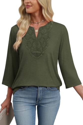 Image of WIHOLL 3 /4 Length Sleeve Womens Tops Boho V Neck Lace Shirt Trendy Blouses Dressy Casual Vacation Clothes S-3XL