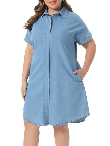 Image of Agnes Orinda Plus Size Denim Dress for Women Short Sleeve Button Down with Pockets Midi Jean Denim Shirt Dresses