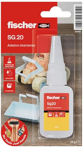 Fischer Adesivo Istantaneo SG 20 gr, Cianoacrilato, Super Colla Ultrarapida Attaccatutto - Non si Occlude la Punta - per Gomma, Plastica, Pelle, Legno, Ceramica