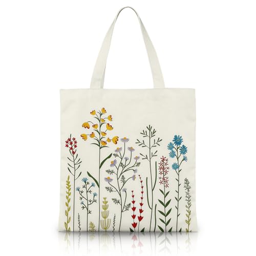 Image of Clyrax Floral Canvas Tote Bags for Women, Aesthetic Flower Bag with Inner Zipper Pocket & Magnetic Buckle, Cute Reusable Shopping Bag for Daily Work School Grocery, Gift for Birthday, 34x39cm