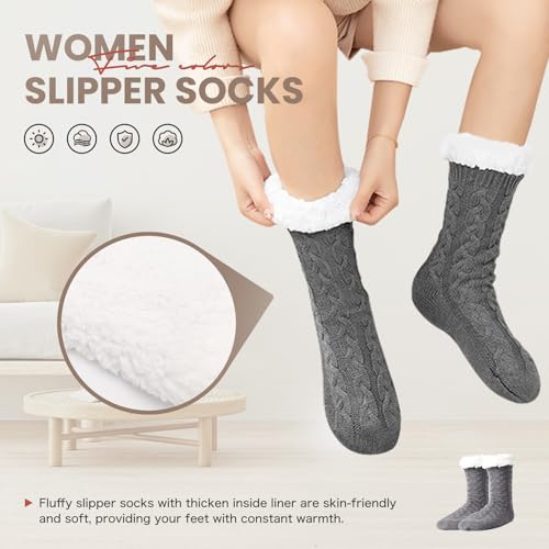 Image of Women's Fuzzy Warm Slipper Socks with Grips Cozy Fluffy House Socks Indoor Winter Non Slip
