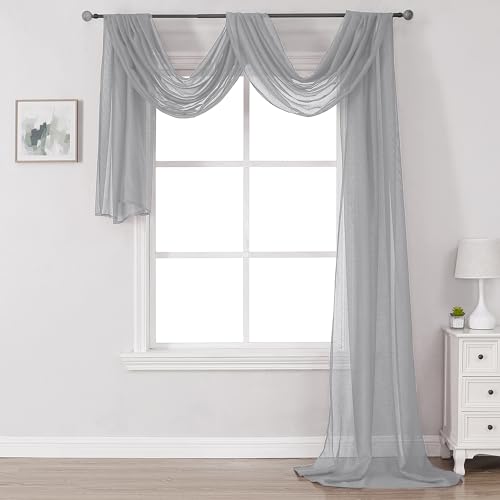 DONREN 288 Inch Length Window Scarf - Extra Long Grey Background Scarf Curtain - Soft Voile Textured Window Topper Curtain Valance for Room Decor (52 by 288 Inch,1 Pcs), (DR-BDL-01-GREY-52X288)