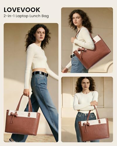 LOVEVOOK Work Tote Bag with Lunch Compartment, 3 in 1 Laptop Tote Bag for Women with Giant Tumbler Holder for Teacher, Nurse, Travel, Office, Daily - 1