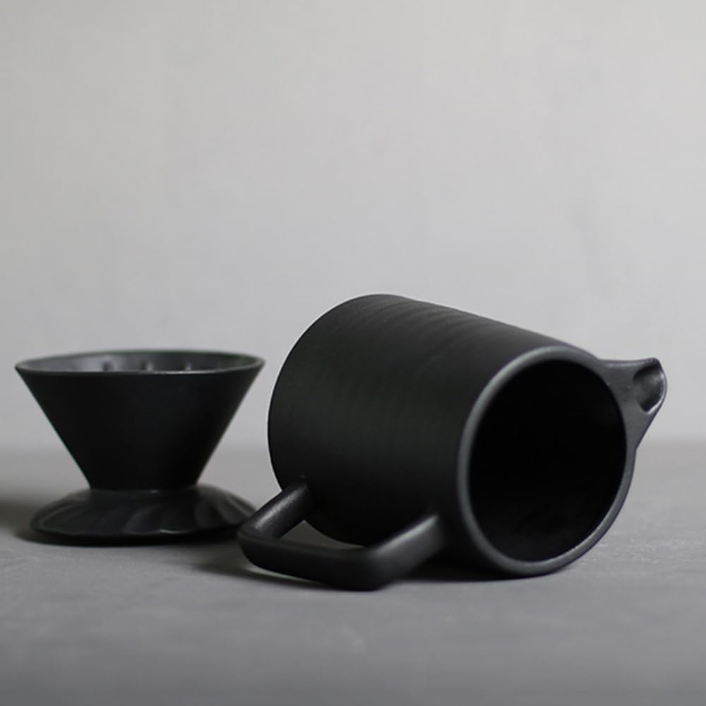 Handmade Black Pour Over Coffee Maker Set, Ceramic Coffee Dripper Brewer Heat Resistant Coffee Pot Decanter ACM03B