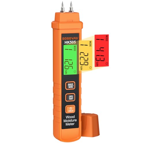 BOBOVAV Medidor de Humedad Portátil Pantalla LCD 3 Colores, 2 Modos, 7 Escalas de Calibración, Rango 0,0-60,0% Para Madera y Materiales de Construcción