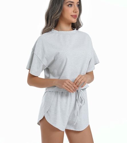 Allmloers Womens Split Short Pajama Set Striped Short Sleeve Crewneck Tee and Side Slit Sleepwear Set 2 Piece Cotton Pjs Set3