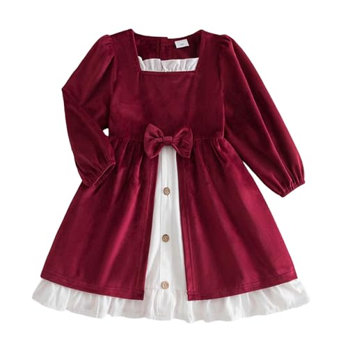 Generisch Elegante vestido de terciopelo para niñas con escote cuadrado con lazo de varias capas, ideal para ocasiones festivas en invierno, rojo, 4-5 años
