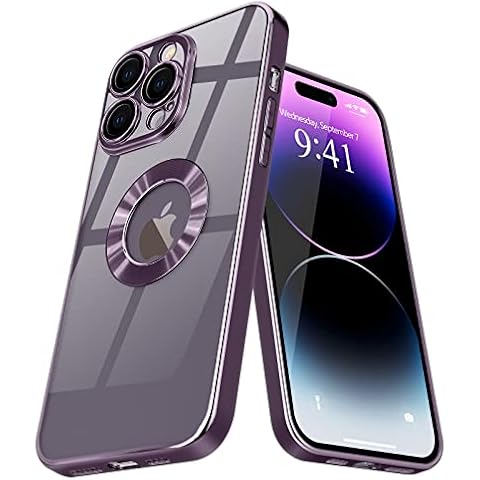 Pepmune for iPhone 14 Pro Case Clear, Logo View Design with Camera Lens Protection Luxury Plating Bumper Shockproof TPU Back Cover Soft Slim Phone Cases,Purple Cover
