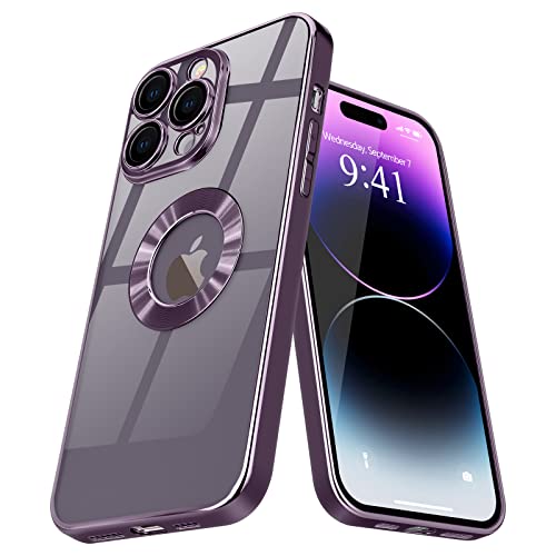 Pepmune Custodia trasparente per iPhone 14 Pro Max, design con vista del logo con protezione dell'obiettivo della fotocamera, placcatura di lusso, antiurto, in TPU, custodia posteriore morbida e