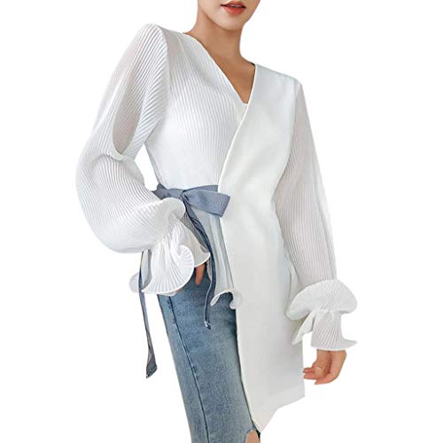 CAOQAO Ropa de Mujer Verano 2019 Camisetas Blusa Tops Elegante Color Puro Arco con Cuello en V Irregular Manga Larga Casual